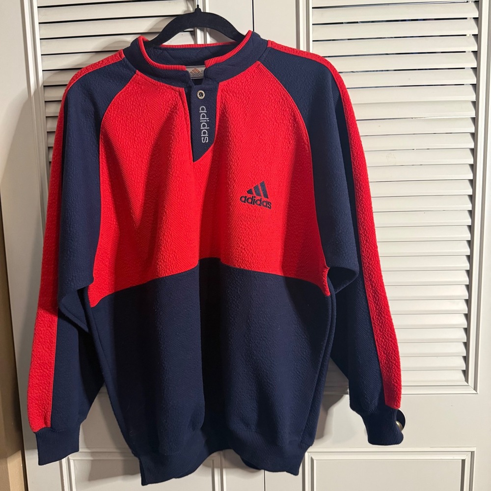 Vintage Adidas quilted Pullover Red Navy Blue Henley XL 90s Sweatshirt sports